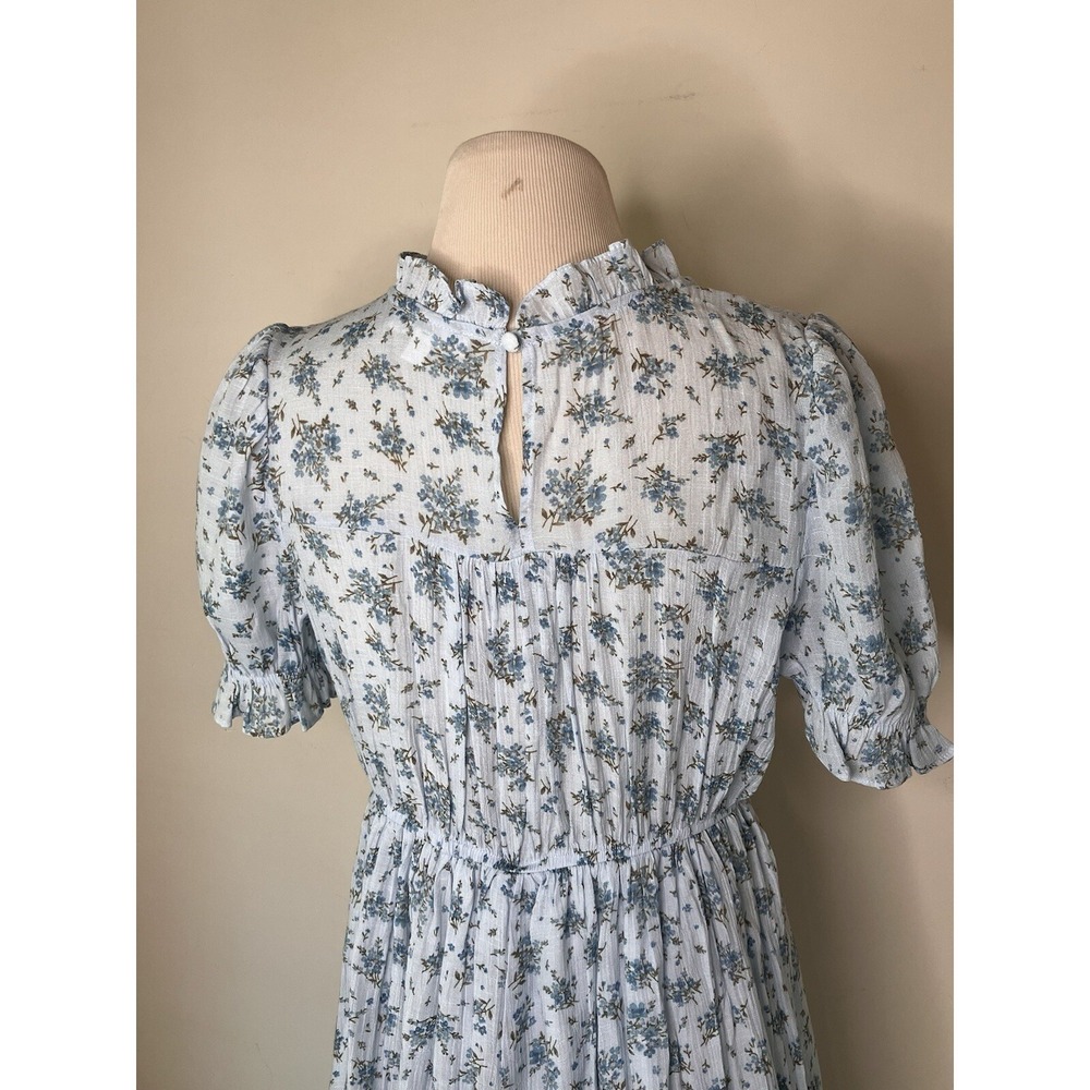 E&M Dress Blue Floral Size L lace ruffles TradWife prairie Cottagecore - Picture 5 of 9